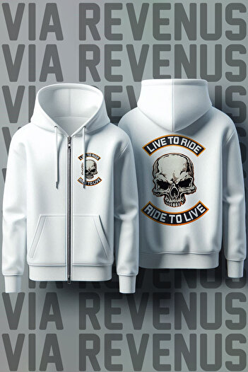 Vordevia Ζακέτα Live to Ride Biker μπροστά και πίσω με φερμουάρ Unisex με κουκούλα λευκή φούτερ