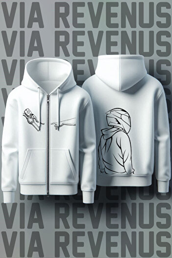 Vordevia Φούτερ Biker Unisex White Hooded - Ζακέτα με φερμουάρ με στάμπα μπροστά και πίσω