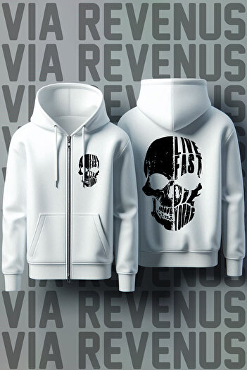 Vordevia Ζακέτα Live Fast Die Young με στάμπα Unisex με φερμουάρ και κουκούλα λευκή ζακέτα