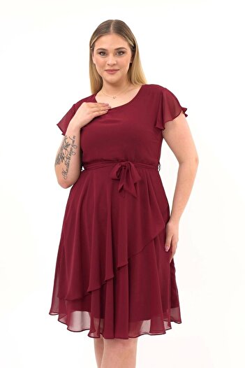 apsen Women's Crew Neck Flounce Detailed Midi Plus Size Chiffon Dress 4337/110