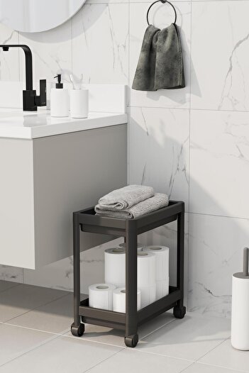 Mutfak Köşesi 2 Katlı Tekerlekli Düzenleyici Rafsiyah, Banyo Dolabı, Mutfak Tezgah Ve Evye Altı, Deterjanlık