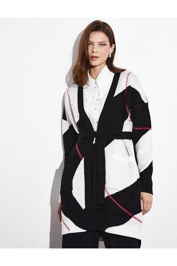 Kayra Exclusive Belted Garnished Knitwear Cardigan Black Optical White