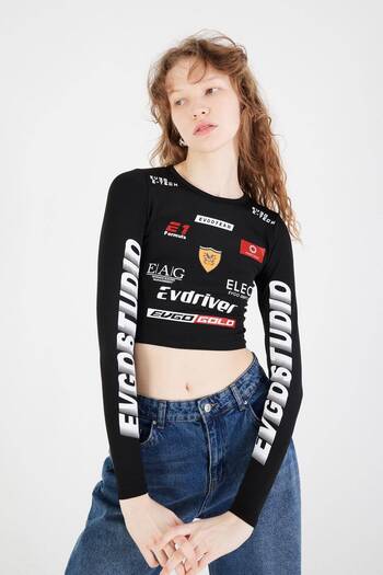 Addax Printed Crop Blouse - Crew Neck B13448-r13