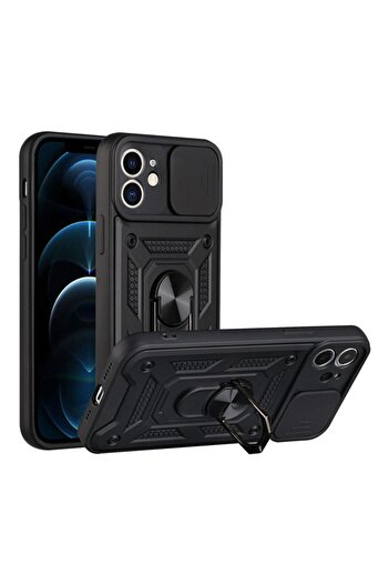 Fibaks Apple iPhone 11 Compatible Case Camera Protection Sliding Ring Armor Military Tank Armored