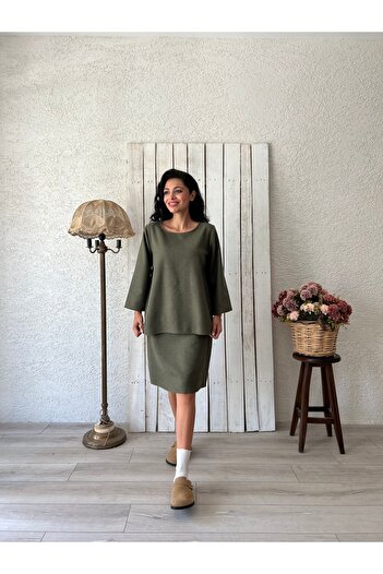 KÜÇÜĞÜM BUTİK Khaki Green Short Stitched Skirt-Blouse Set (Etek-Bluz)