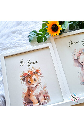 NN DECOR Safari-aslan, Zürafa Ve Fil 3’lü Set- V02- Doğal Ahşap Çerçeveli, Bebek Ve Çocuk Odası Tablo Seti