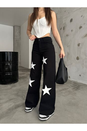 BİKELİFE Weite Jeans mit beflocktem Stern-Print und geradem Schnitt