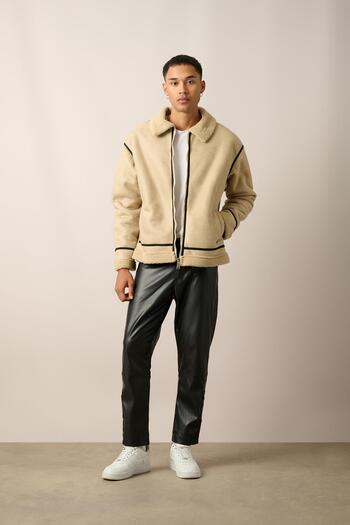 Rocqerx R-2461 Stripe Detailed Zippered Fur Lined Coat