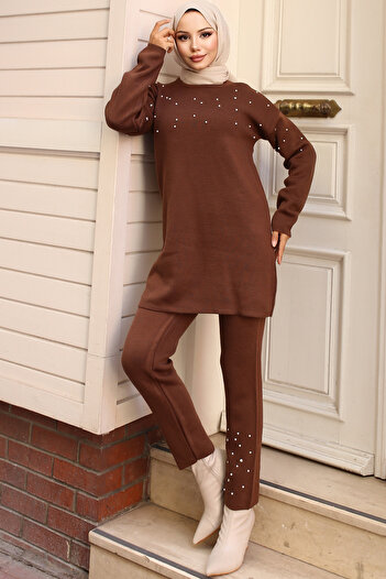 benguen 6205 Model Brown Knitwear Set - Stone Detailed