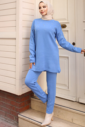 benguen Blue Knitwear Set - 6205 Model with Stone Detail