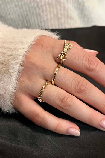 TREND COLLECTİON Zirkon Taşlı Gold Zarif Ayarlanabilir Fiyonk, Alyans, Yaprak Taç 3'lü Kadın Yüzük Seti