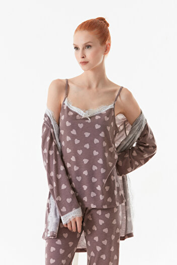 Fulla Moda Kalp Baskılı İp Askılı 3 Lü Pijama Takımı
