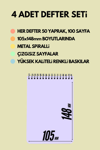 SevindirenŞeyler مجموعة دفتر ملاحظات Self Love Club Pastel A6 مكونة من 4 قطع - دفتر ملاحظات، لوحة ملاحظات غير مبطنة