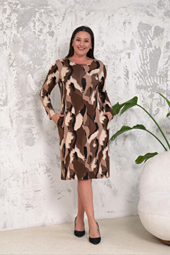 Neşeli Butik Women's Print Secret Pocket Detail Plus Size Dress