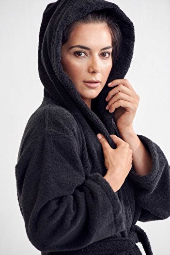 Denia Home Textile Hooded Unisex Black Bathrobe