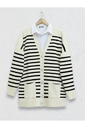 Modamorfo Double Pocket Knitwear Cardigan - Cream Striped
