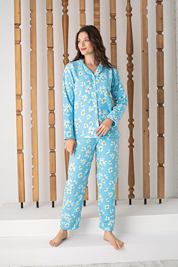 CALİA Women's Front Buttoned Long Sleeve Fleece Plush Winter Warm Pajamas Set