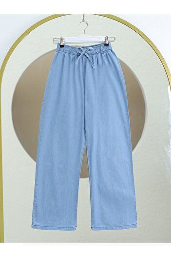 Modamorfo Wide Leg Elastic Waist Lace Detailed Jeans - Light Blue