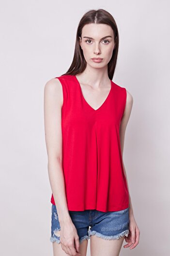 Jument Comfortable Cut Lycra Viscose Blouse - V-Neck, Pleated Front, Sleeveless - Red