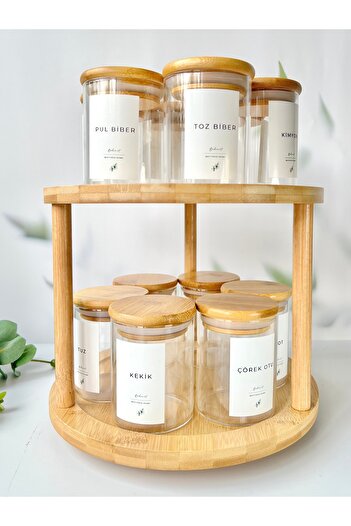 Mottogo 12-Piece Glass Spice Set with Bamboo Rotating Stand and Bamboo Vacuum Lid
