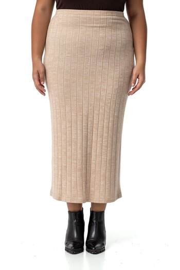 DISENTIS MODEST Large Size Elastic Waist Ribbed Knitwear Beige Skirt