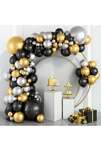 Organizasyon Pazarı Balloon Set Black-Chrome Gold-Chrome Silver 60-Piece Balloon Chain Set