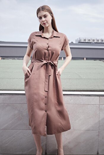 Jument Iyocell Flowing Midi Tea-Length Dress - Stylish Fabric, Collar, Off-Shoulder, Double Sleeves and Lace-up