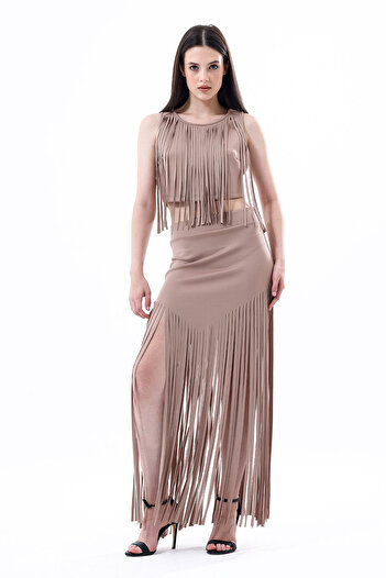 Sense Fusta rochie de seara cu ciucuri de scuba culoare piatra - Etk33855