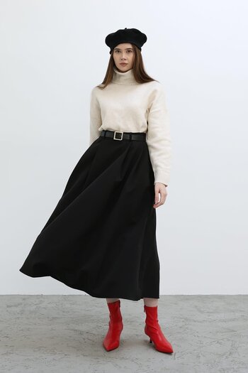 RİVASS Women's Belted Pleated Long Skirt
