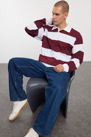 Trendyol Collection Φούτερ Polo Neck Claret Red ριγέ Oversize - TMNAW25SW00023