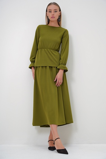 Trend Alaçatı Stili Women's Oil Green Crew Neck Sleeves Flounce Tunic and Skirt Set Alc-X12871