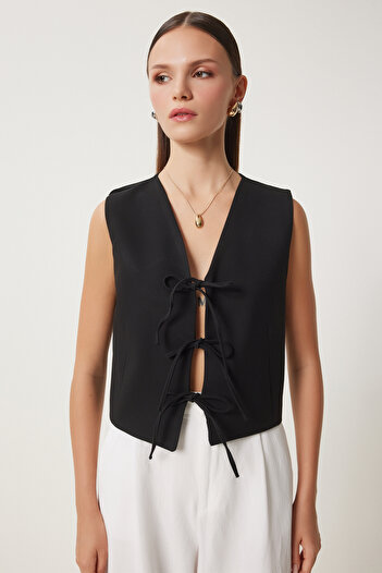Happiness İstanbul Women's Black Bow Tie Woven Vest Gp00013