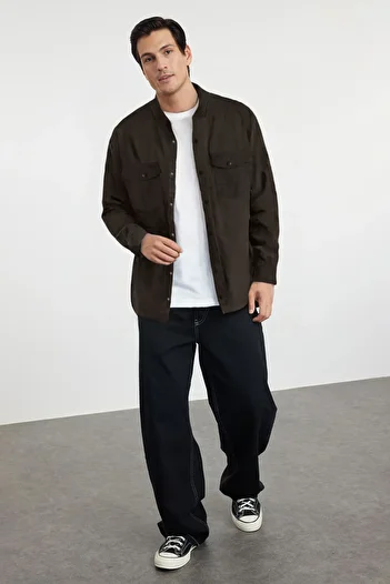 Trendyol Collection Dark Khaki Regular Double Pocket Denim Jeans Shirt Tmnss24Go00081