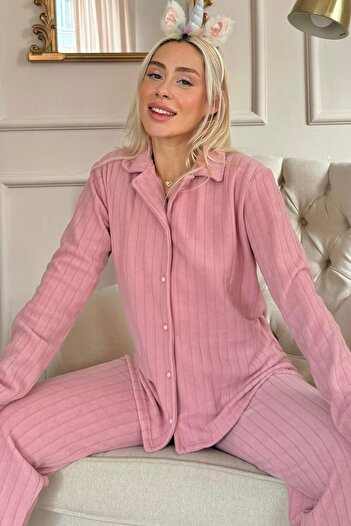 Pijamaevi Růžový plyšový fleecový pyžamový set s předním knoflíkem