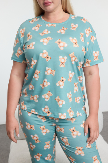 Trendyol Curve Πλεκτό σετ πιτζάμες Jogger Fit - Mint Teddy Bear με μοτίβο TBBAW25AI00082