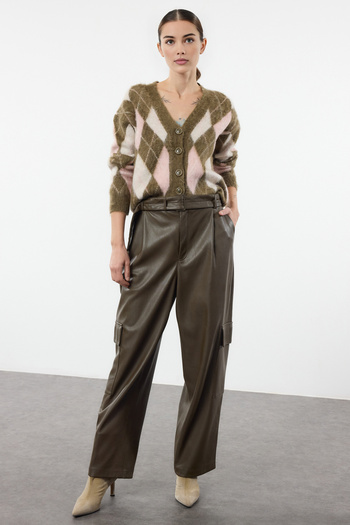 Trendyol Collection Khaki V-Neck Soft Textured Plaid Pattern Knitwear Cardigan Twoaw25Hi00276