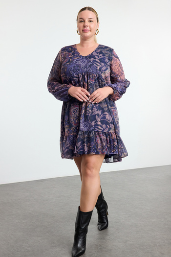 Trendyol Curve Plus Size Floral and Glitter Ruffle Dress - Tbbaw25Ah00087