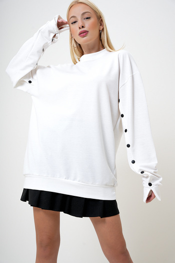 VAGGON Bílá dámská mikina Crew Neck and Snap Sleeve - Prm1095