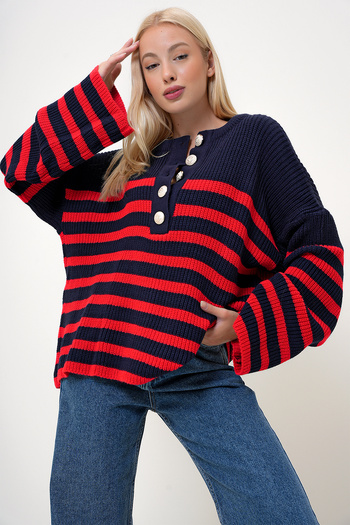 VAGGON Navy Blue-Red Striped Crew Neck Knitwear Winter Sweater - Gold Button Prm1090