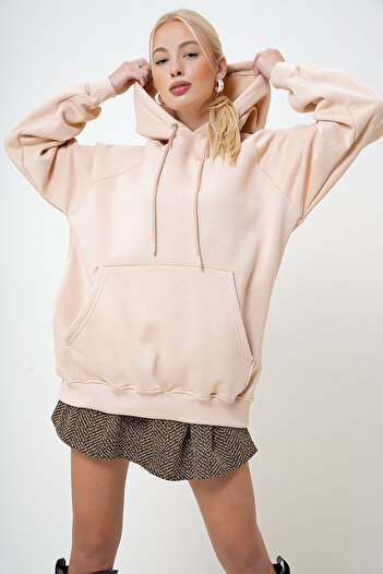 VAGGON Beige Women's Oversize Sweatshirt - Hooded, Kangaroo Pocket, Shirt Prm1052