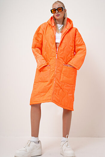 VAGGON Orange Zippered Hooded Long Puffer Coat - Double Pocket Prm1106