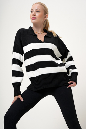 VAGGON Polo Neck Striped Women's Knitwear Sweater - Elastic Waist Prm1079