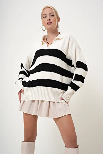 VAGGON Winter Striped Polo Collar Knitwear Sweater - Elastic Waist Prm1079