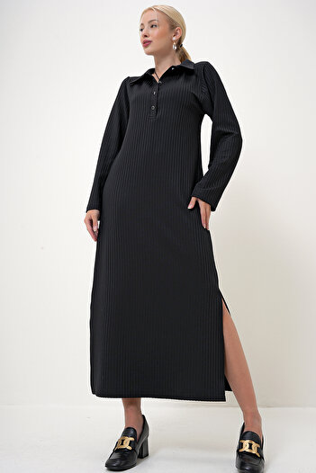 VAGGON Women's Black Polo Neck Button Closure Double Slit Long Dress Prm1100