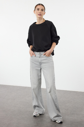 Trendyol Collection Černá vyšívaná fleecová mikina Regular Fit - Crew Neck Twoaw24Sw00199