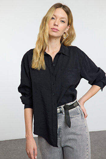 Trendyol Collection Fekete széles szabású Care Collection szőtt ing - egy zsebes, TWOAW25GO00122