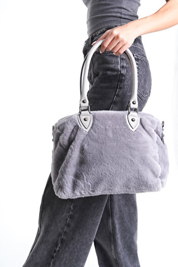 Moda Lime Geantă de pluș gri pentru femei, de mărime medie, model casual, de mână și de umăr, cu mânere și curea
