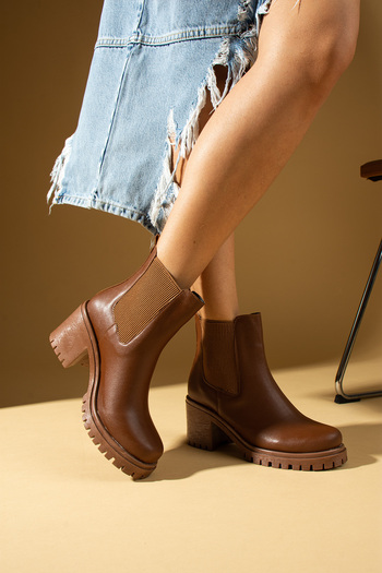 Pembe Potin New Season Women's Tan Thick High Heeled Elastic Comfortable Fit Boots