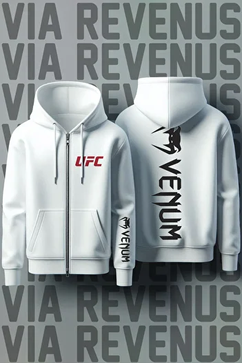 Vordevia Ufc Front and Back Printed Unisex Zippered Hooded White Sweatshirt Cardigan