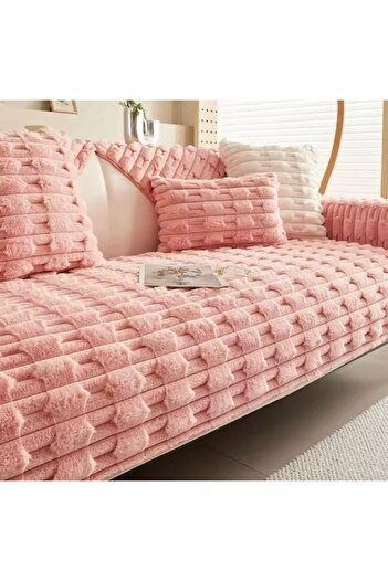 MER HOME Kalın Dikdörtgen Desnli Kabartmalı  Peluş Üç Kişilik Koltuk İçin ( 1adet )  80*190cm Ölçü (Pembe)